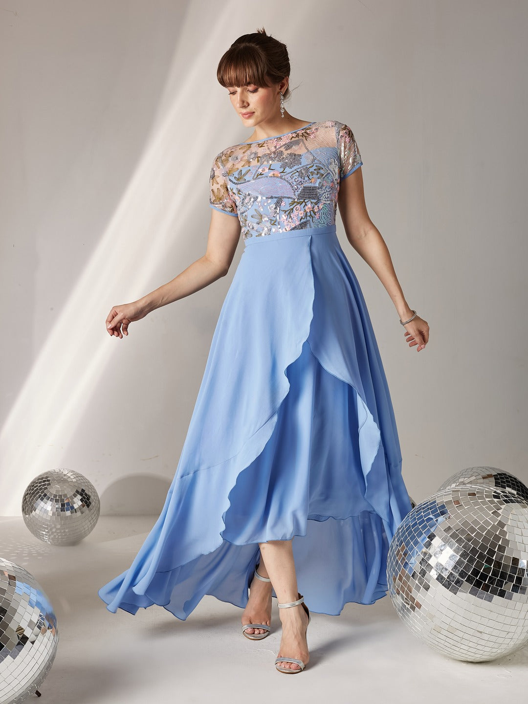 Sky Blue Round Neck Short Sleeve Floral Layered Georgette Midi Dress for Women
