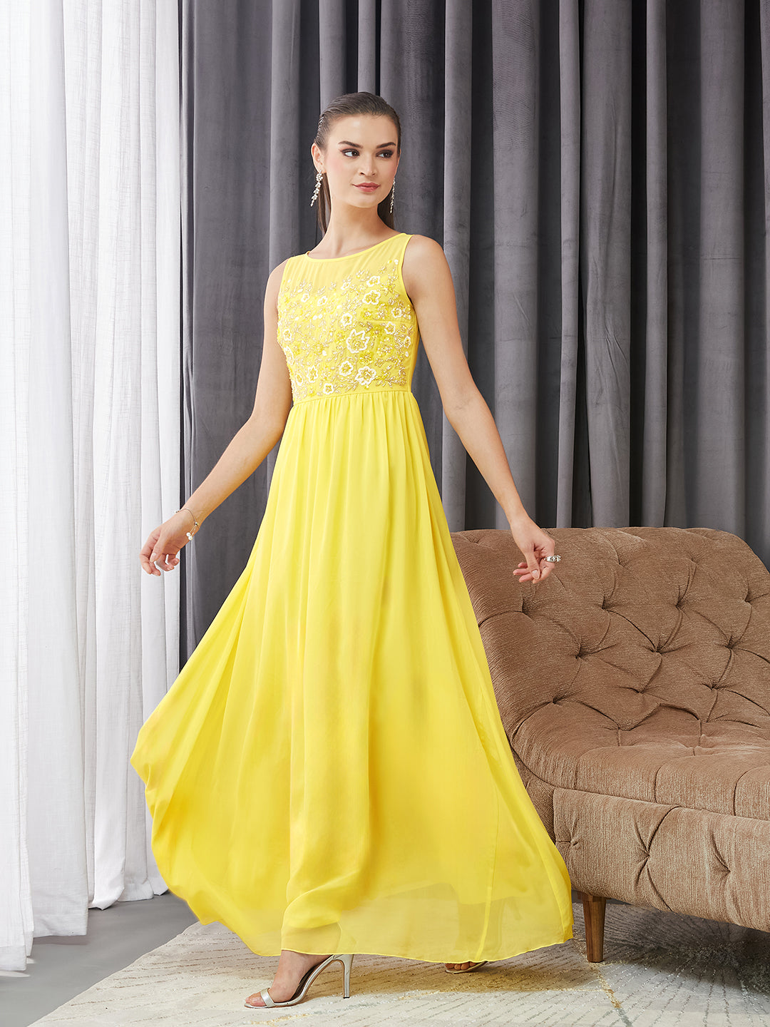 Women's Light Yellow Boat Neck Sleeveless Embroidered Georgette Gathered Maxi Dress