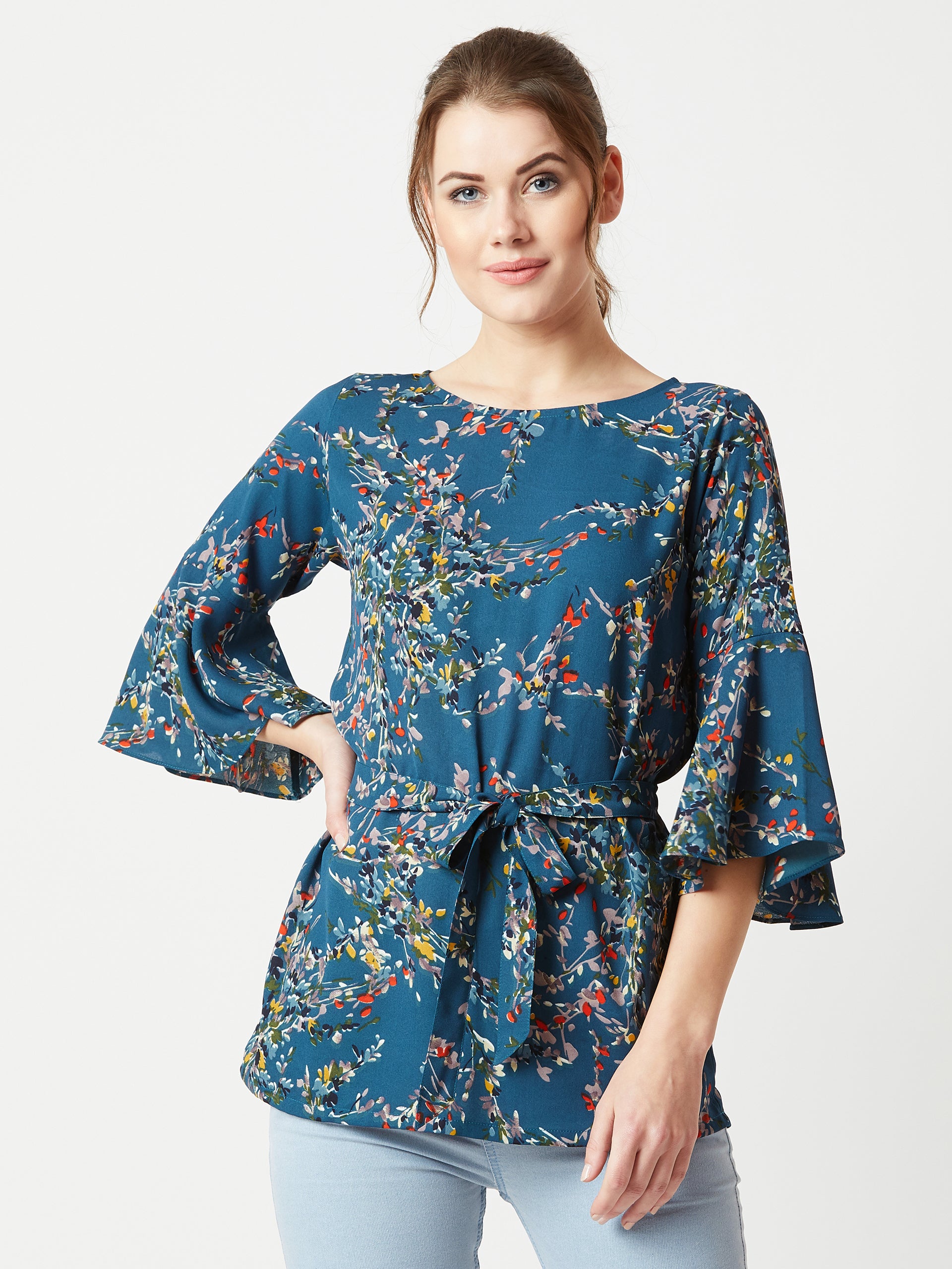 Women's Multicolored With A Turquoise Base Boat Neck Ruffled 3/4 Sleeves Floral Ruffled Long Belted Tie-Up Top