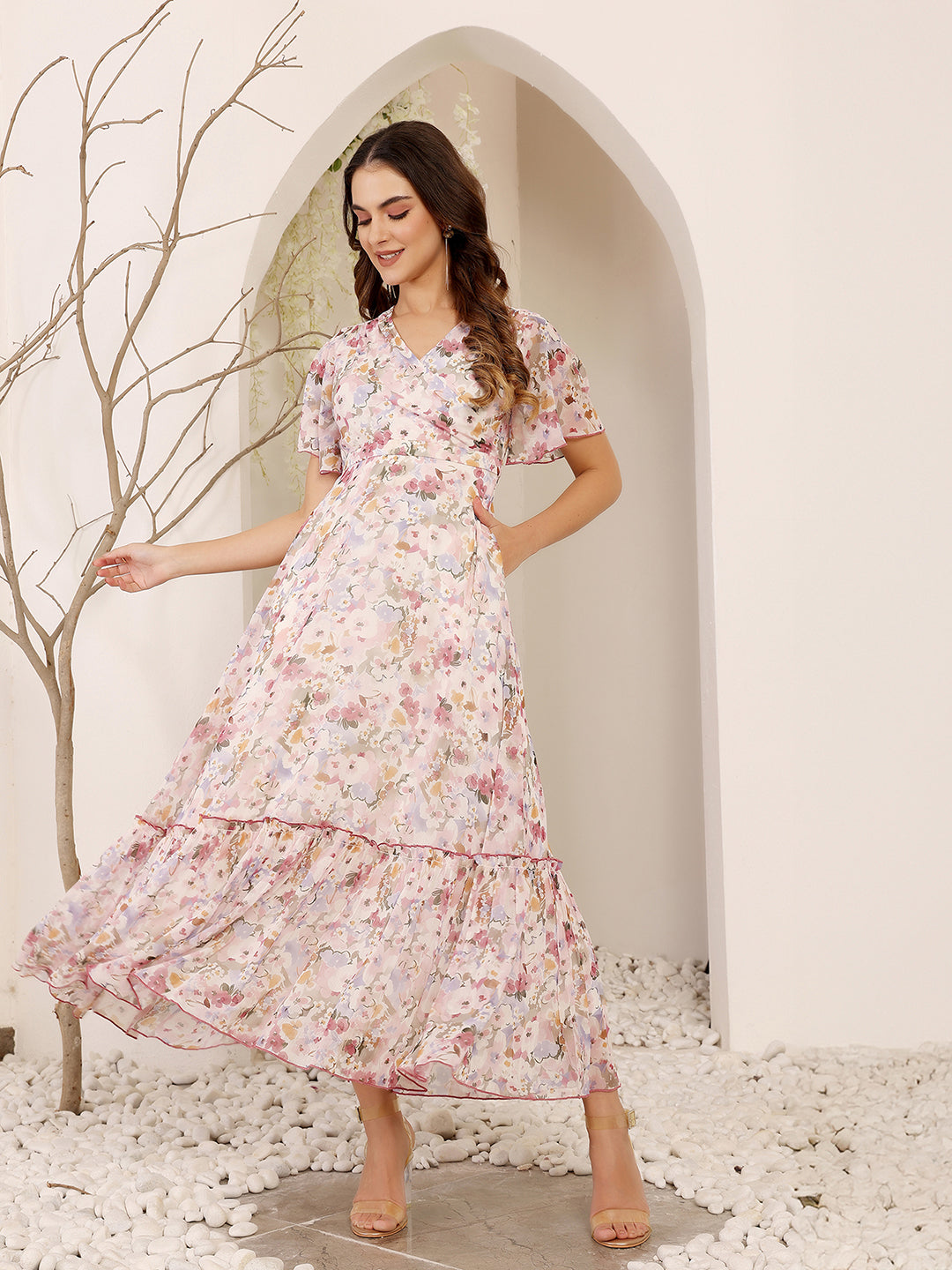 Pink Floral Printed Flutter Sleeves Maxi Dress Long Dress Frock for Women