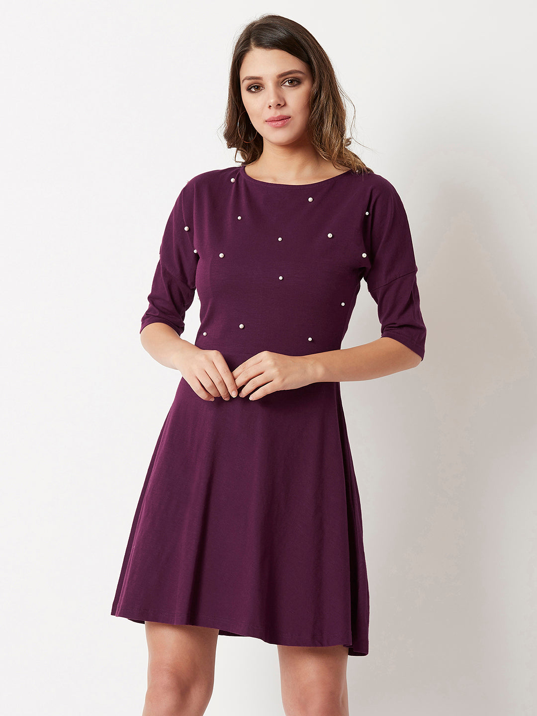 Women's Magenta Round Neck 3/4 Sleeve Cotton Solid Pearl Detailing Mini Skater Dress