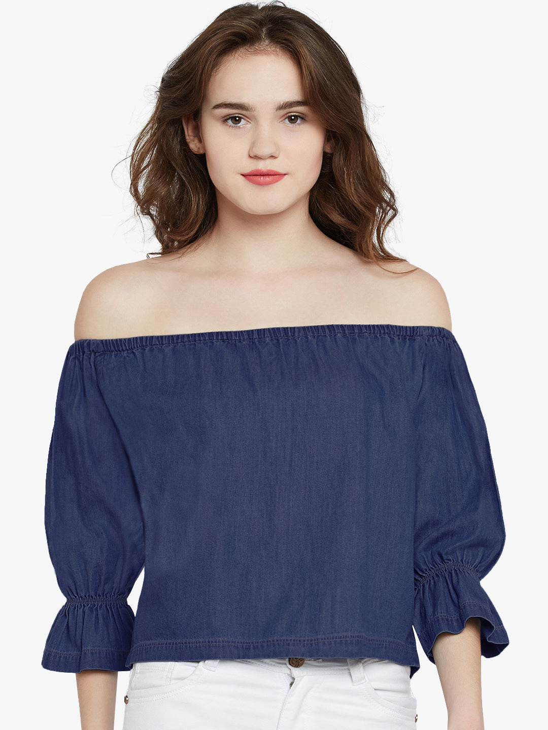 Women's Blue Denim Off-shoulder Gathered 3/4 Sleeve Solid Bardot Top