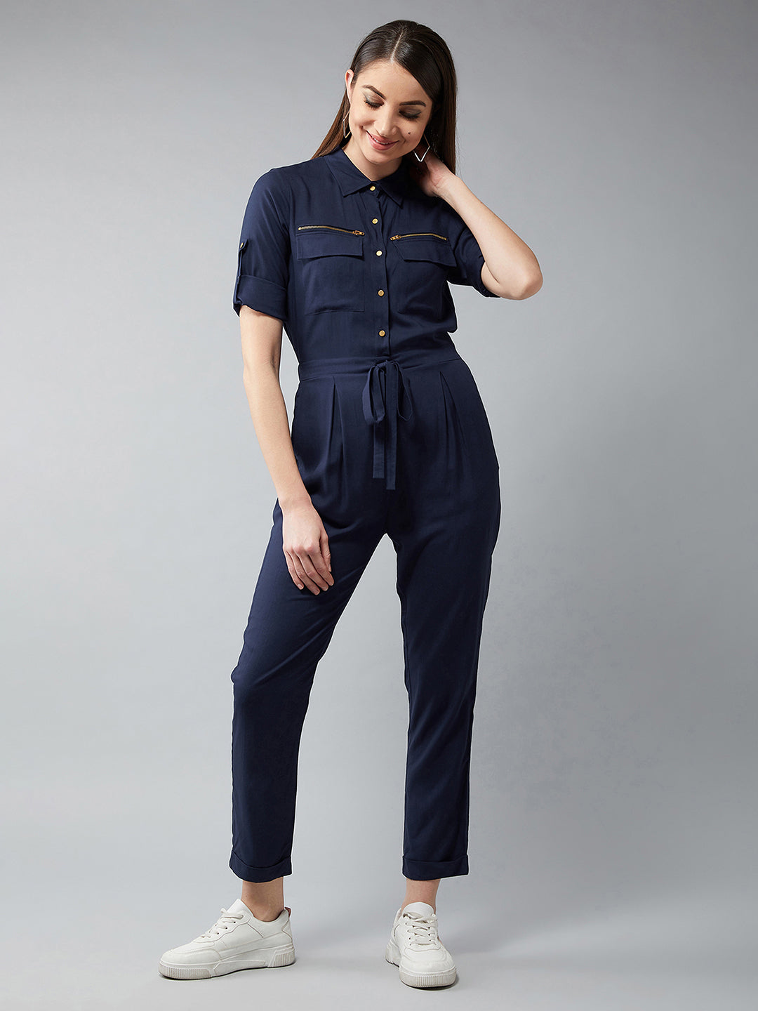 Women's Navy Blue Collared 3/4 Sleeves Solid Straight Leg Regular Length Tie-Up Jumpsuit