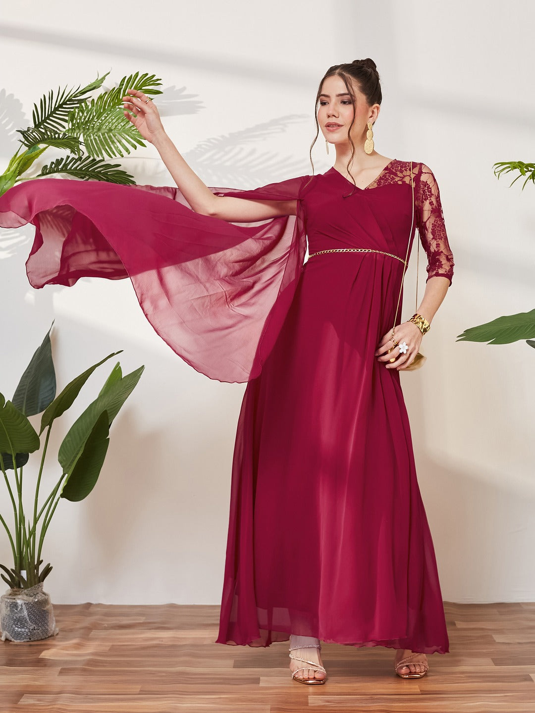 Dark Pink V-Neck Asymmetric Self-Designed Georgette Maxi Dress for Women