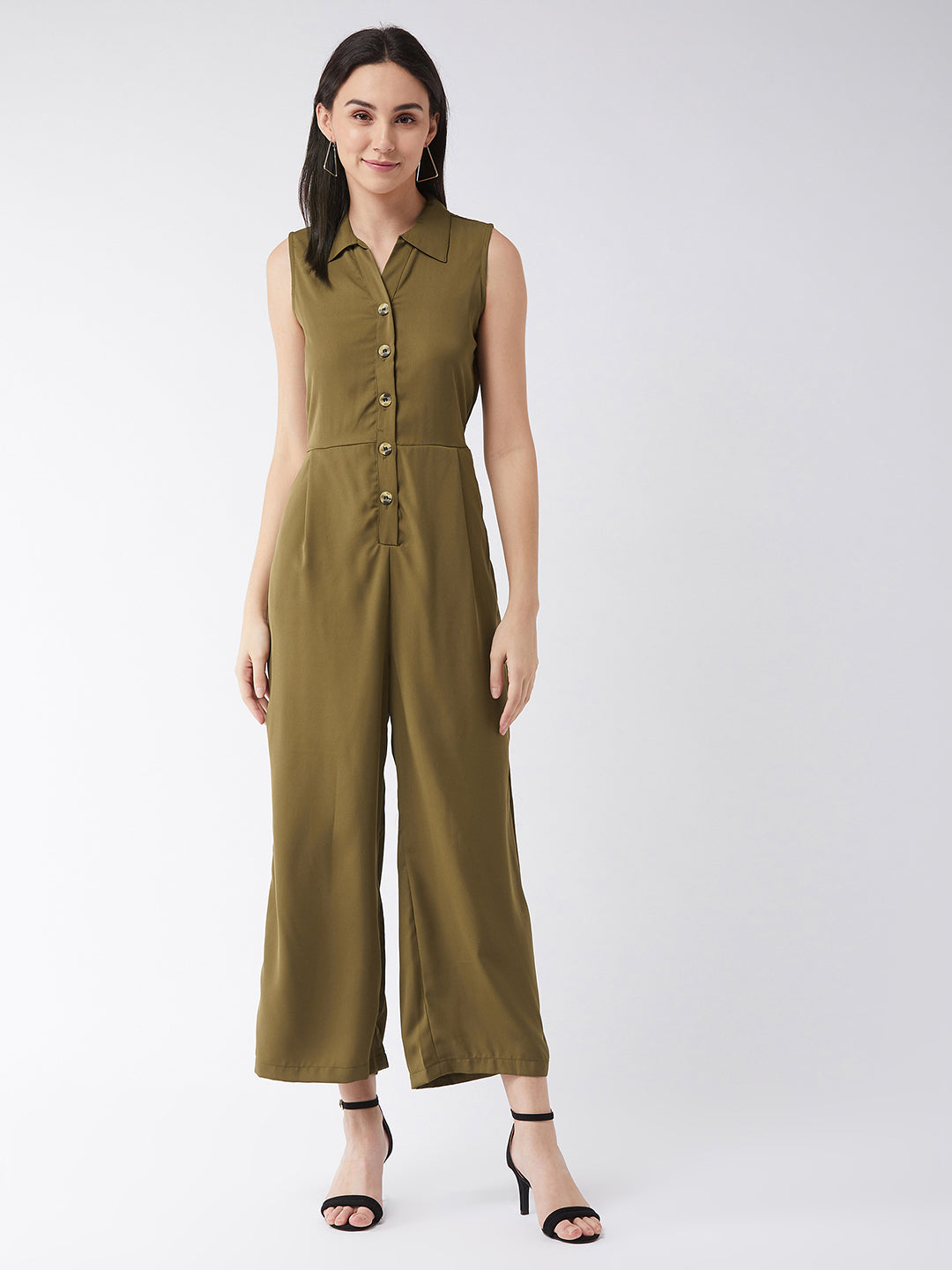 Women's Olive Green Solid Regular Length V - Neck Sleeveless Front Pleat Wide Leg Jumpsuit