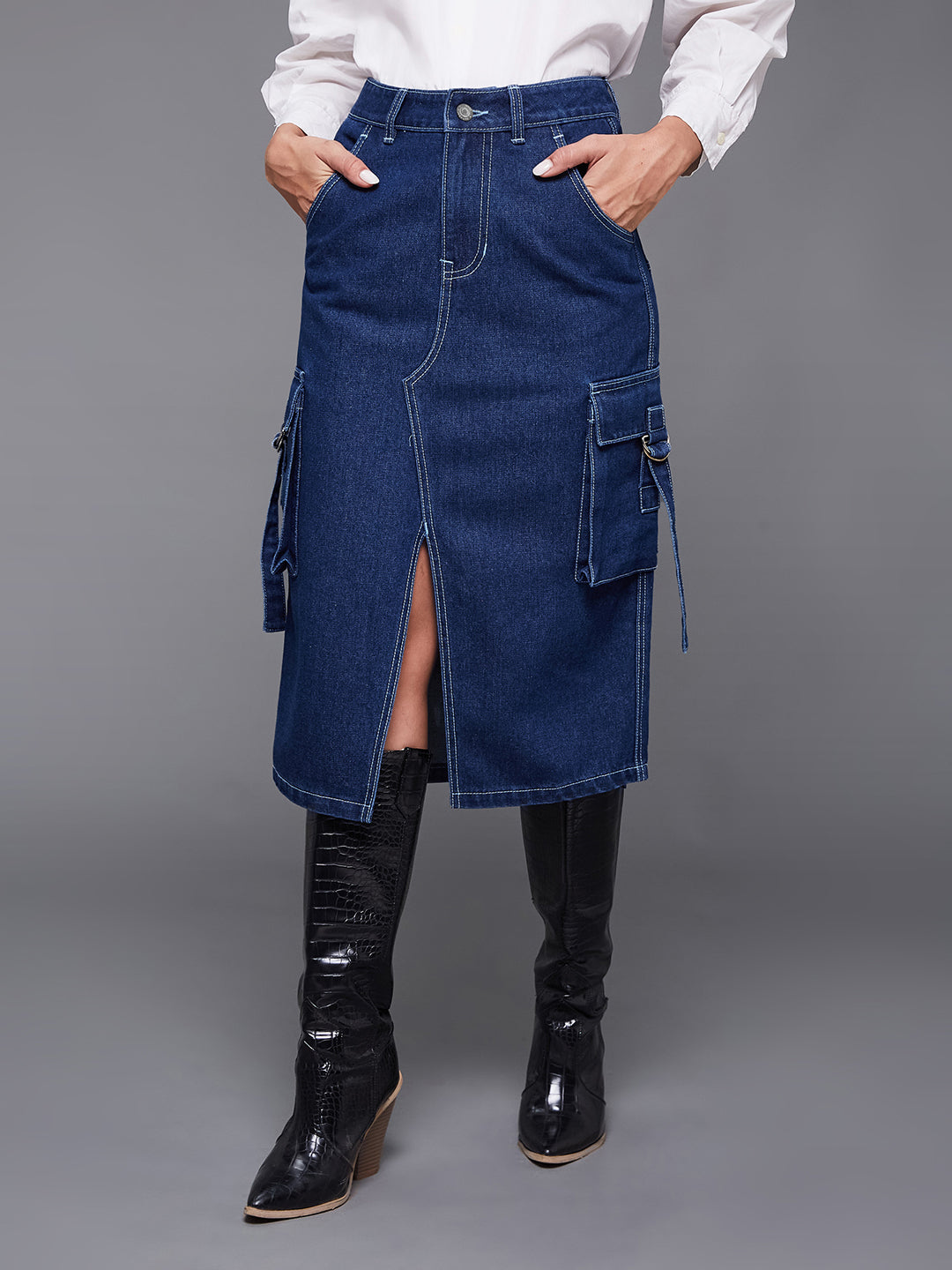 Women's Navy Blue Straight High Rise Midi Cargo Denim Skirt