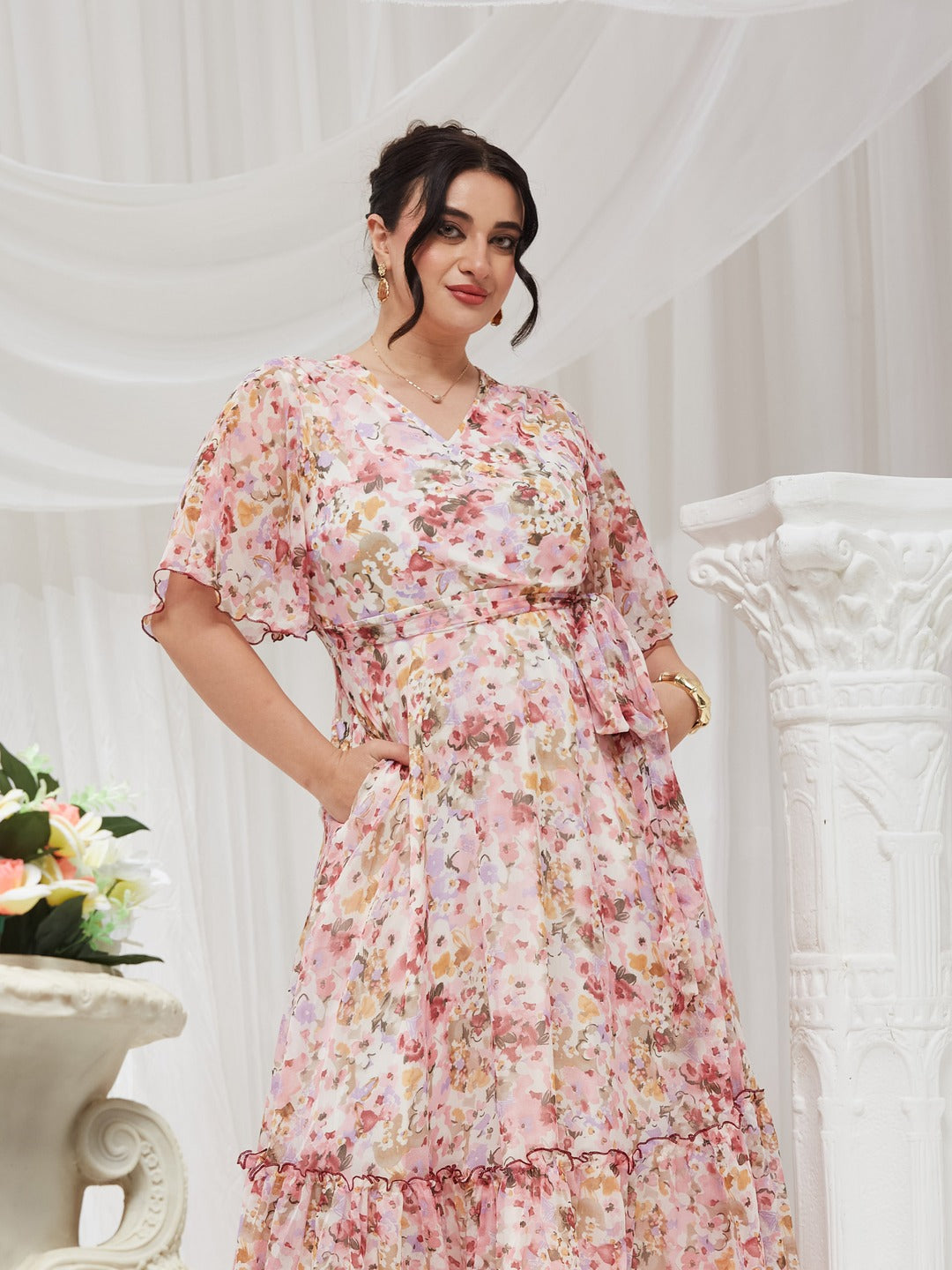 Women's Multicolored Base Pink V-Neck Flared Sleeve Floral Wrap Chiffon Maxi Dress