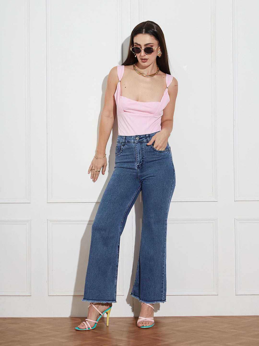 Women's Navy-Blue Wide-Leg High Rise Regular-Length Stretchable Denim Jeans