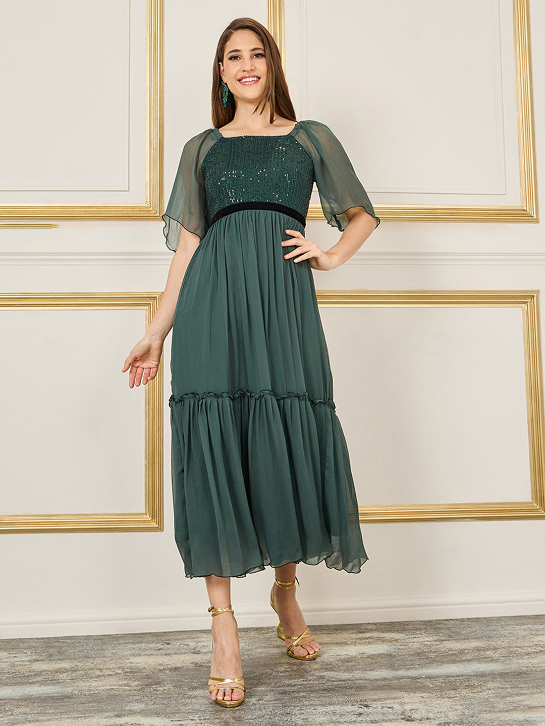 Women's Dark Green Embellished Square-Neck Flared Sleeves Side Pocketed Chiffon Tiered Longline Dress