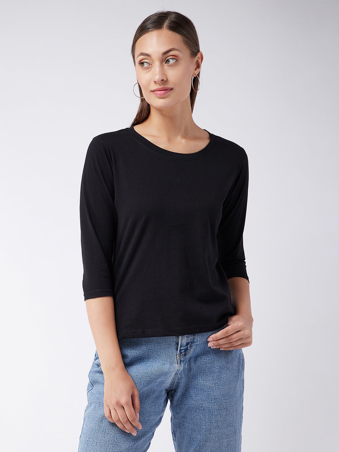 Women's Black Round Neck 3/4 Sleeves Solid Basic Top