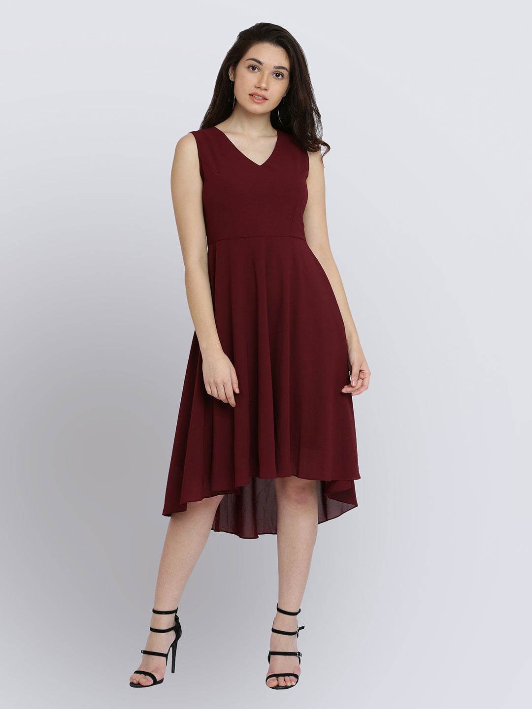 Women's Wine Red V-Neck Sleeveless Solid High-Low Midi Skater Dress
