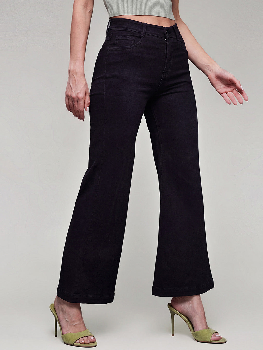 Black Wide Leg High Rise Stretchable Denim Jeans for Women