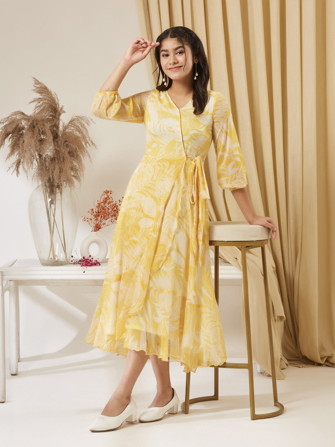 Yellow & White V neck Full sleeve Floral Layered Maxi Dress for Girls/Teenagers