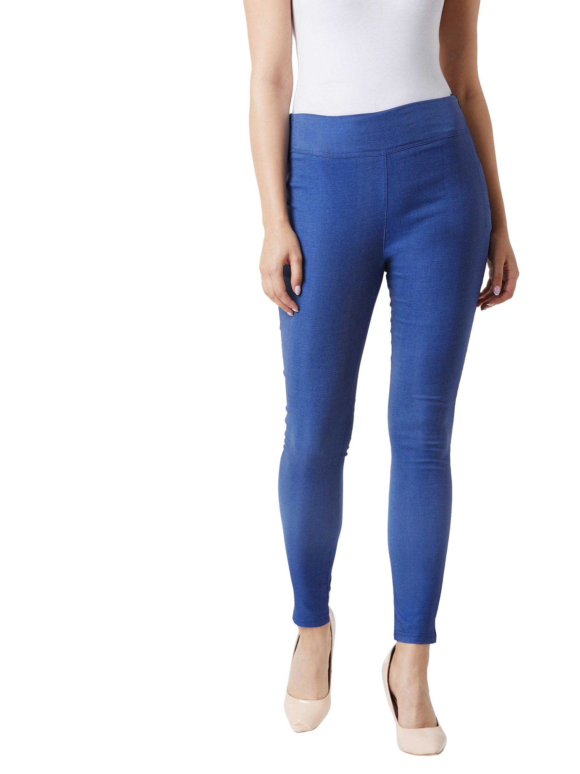 Women's Blue Slim Fit solid Regular length Cotton Jeggings