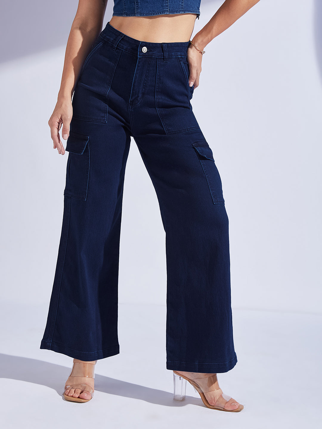 Women's Navy Blue Wide leg High-Rise Stretchable Denim Jeans