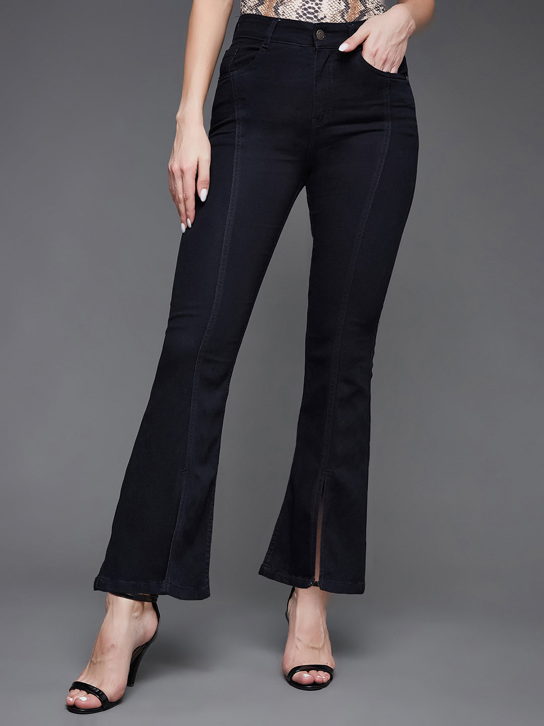 24/7 Comfort Women's Black Bell Bottom Bootcut Hourglass High Rise Stretchable Slit Denim Jeans