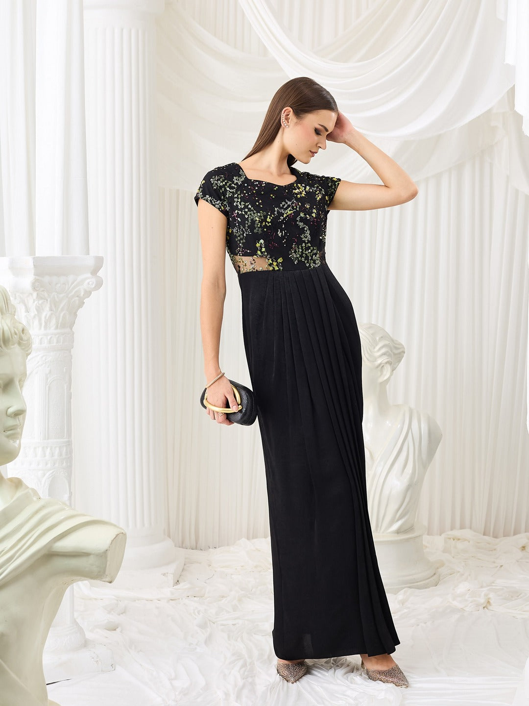Black Sweetheart-Neck Raglan-Sleeve Embellished Draped Maxi Velvet Dress for Women
