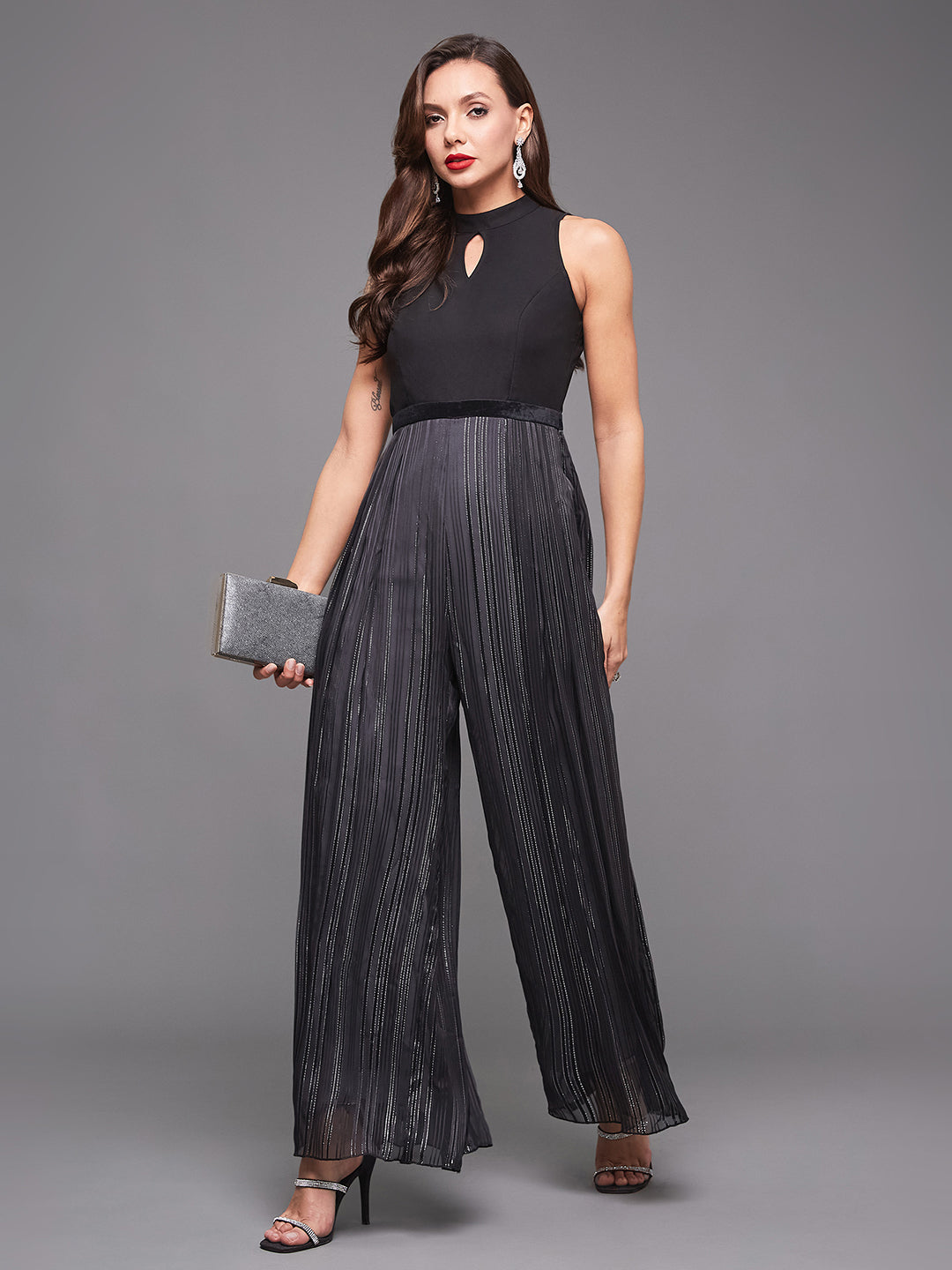 Women's Black Halter Neck Sleeveless Striped Pleated Georgette Jumpsuit