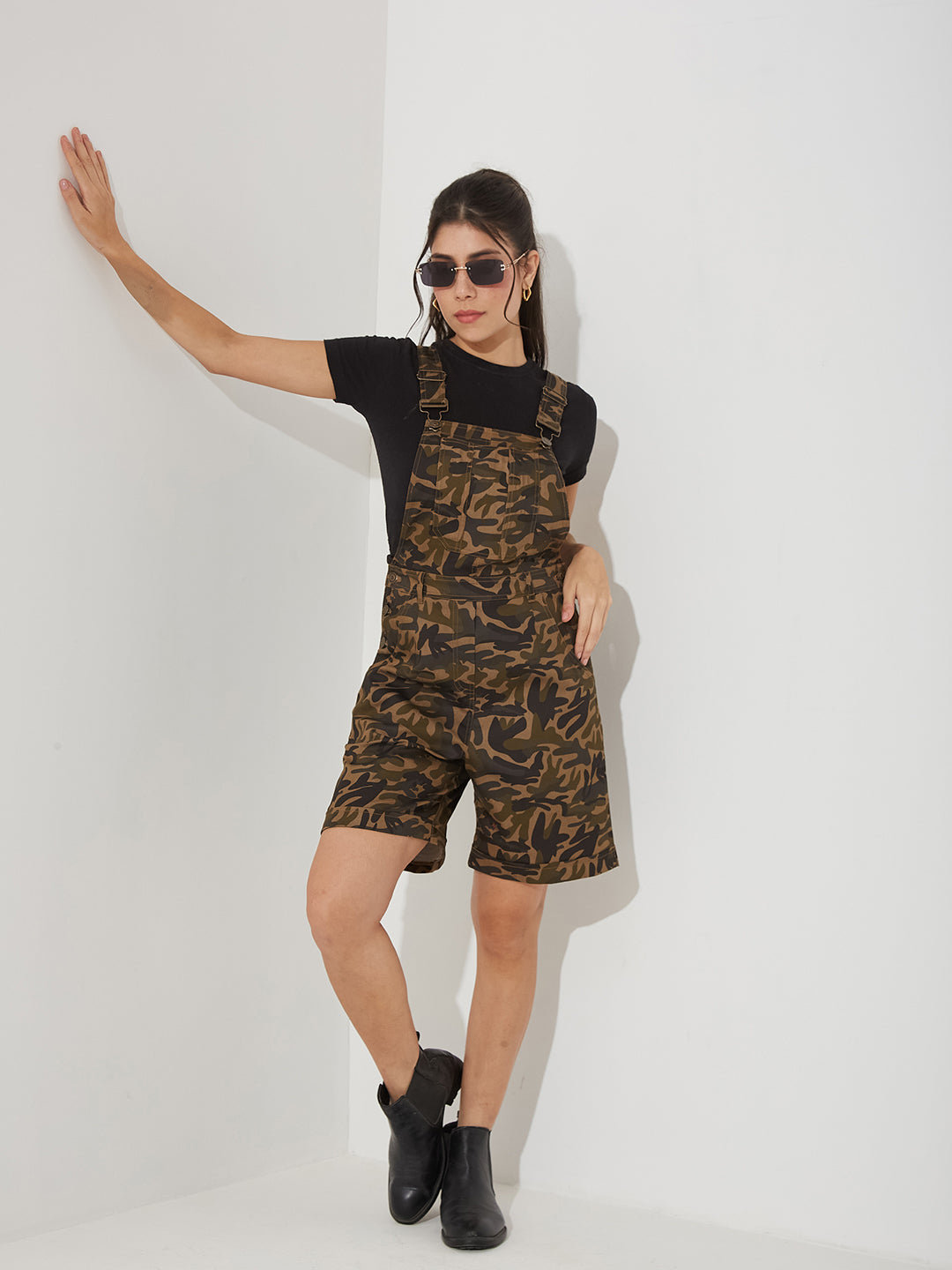 Women’s Multicolored Base Olive Square Neck Camouflage Short Dungaree Knee-Long Cotton Dungaree for Women