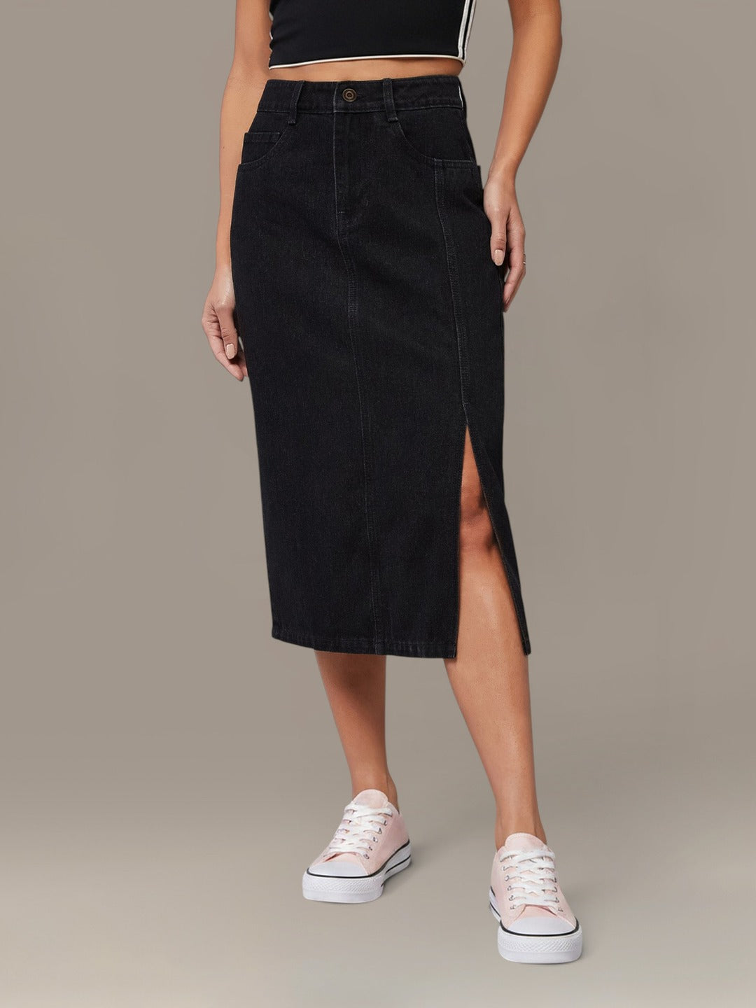 Black Straight-Fit High-Rise Stretchable Denim Midi Skirt for Women