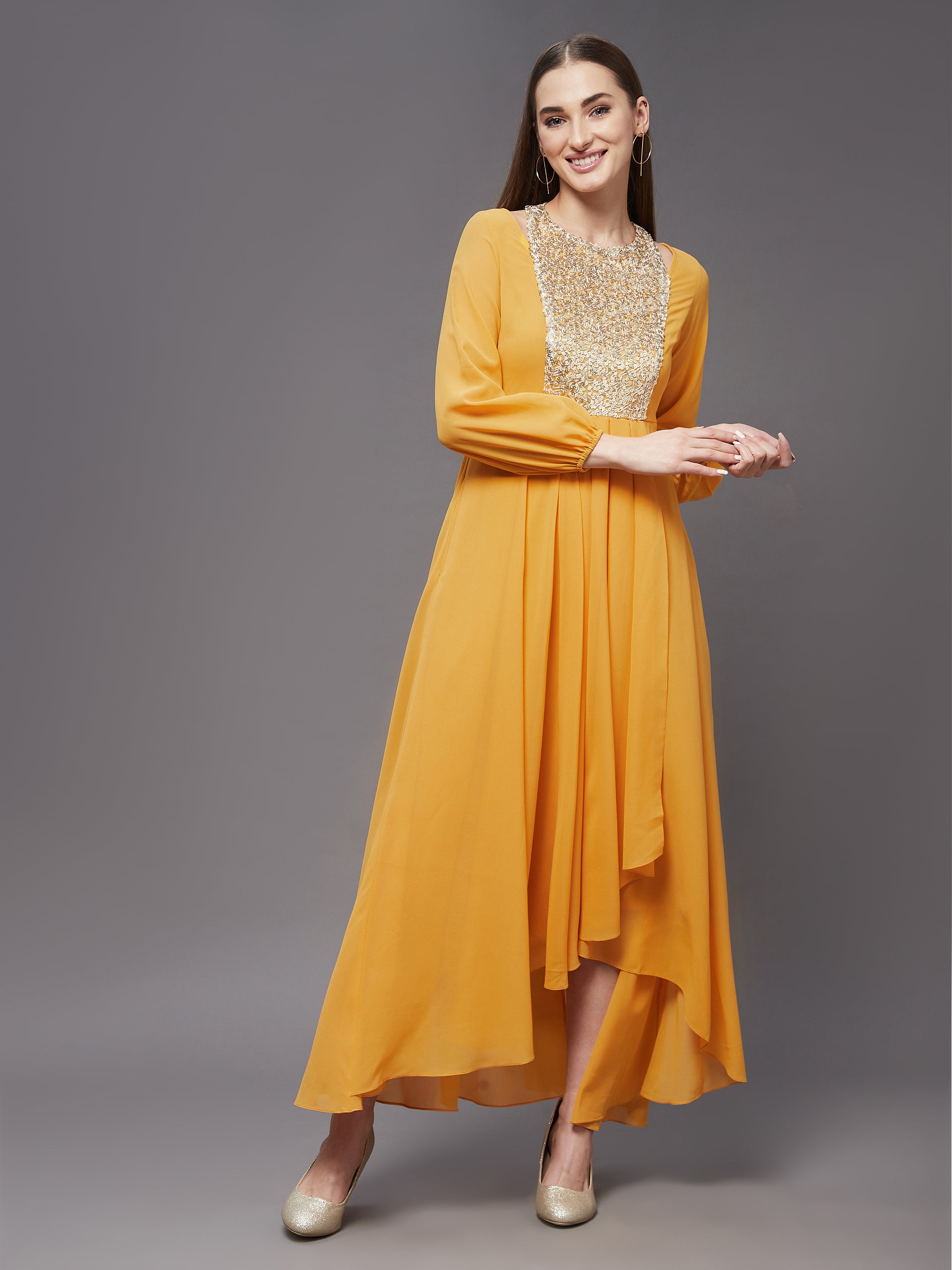 Women's Mustard Embellished Shoulder Cut-out Full Sleeve Maxi Dress