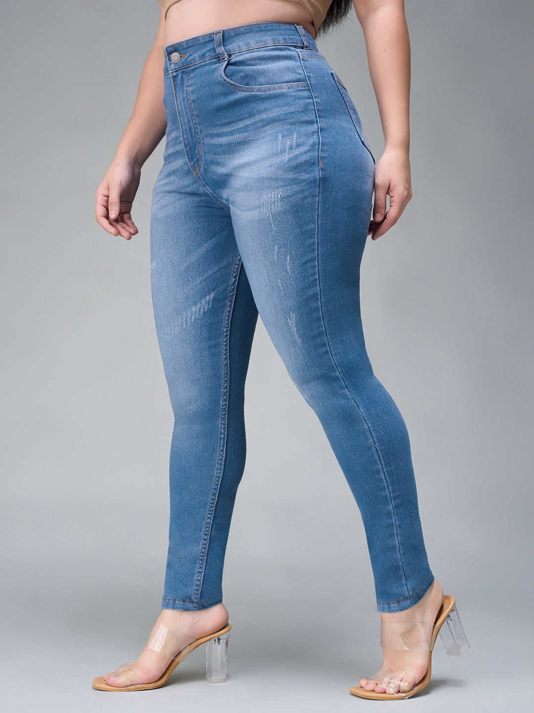 Women's Blue Skinny High Rise Mild Distress Regular Stretchable Denim Jeans