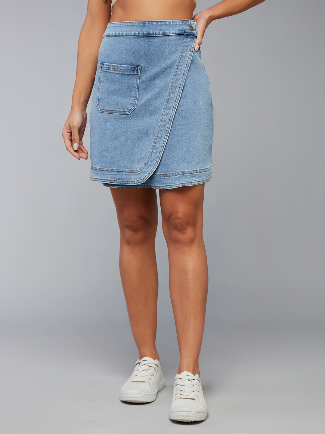 Women's Light Blue Regular High rise Clean look Above Knee Stretchable Denim Skirt