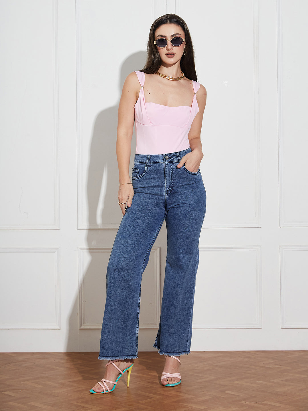 Women's Navy-Blue Wide-Leg High Rise Regular-Length Stretchable Denim Jeans