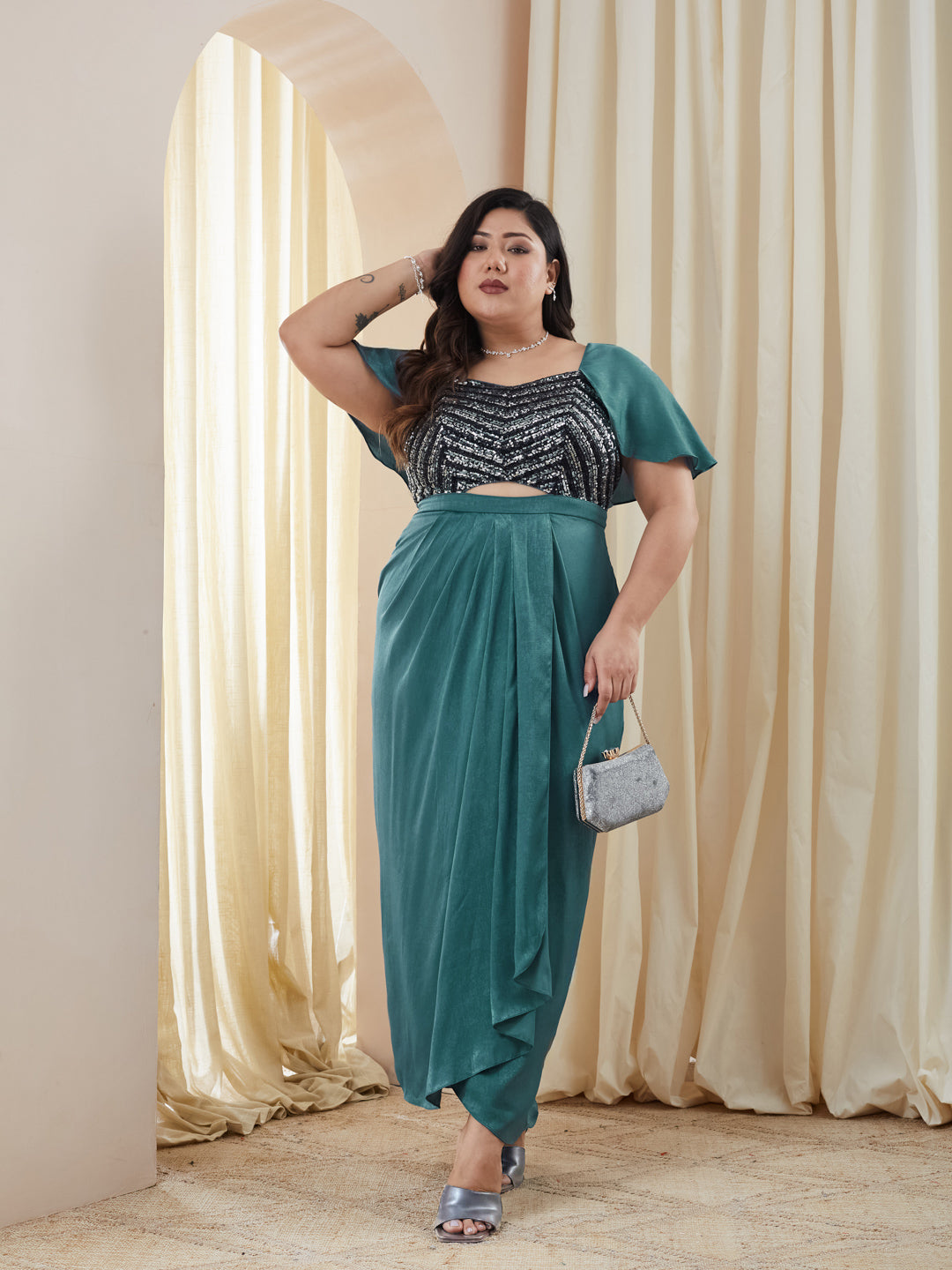 Teal Sweetheart Cape Embellished Draped Satin Maxi Dress for Women