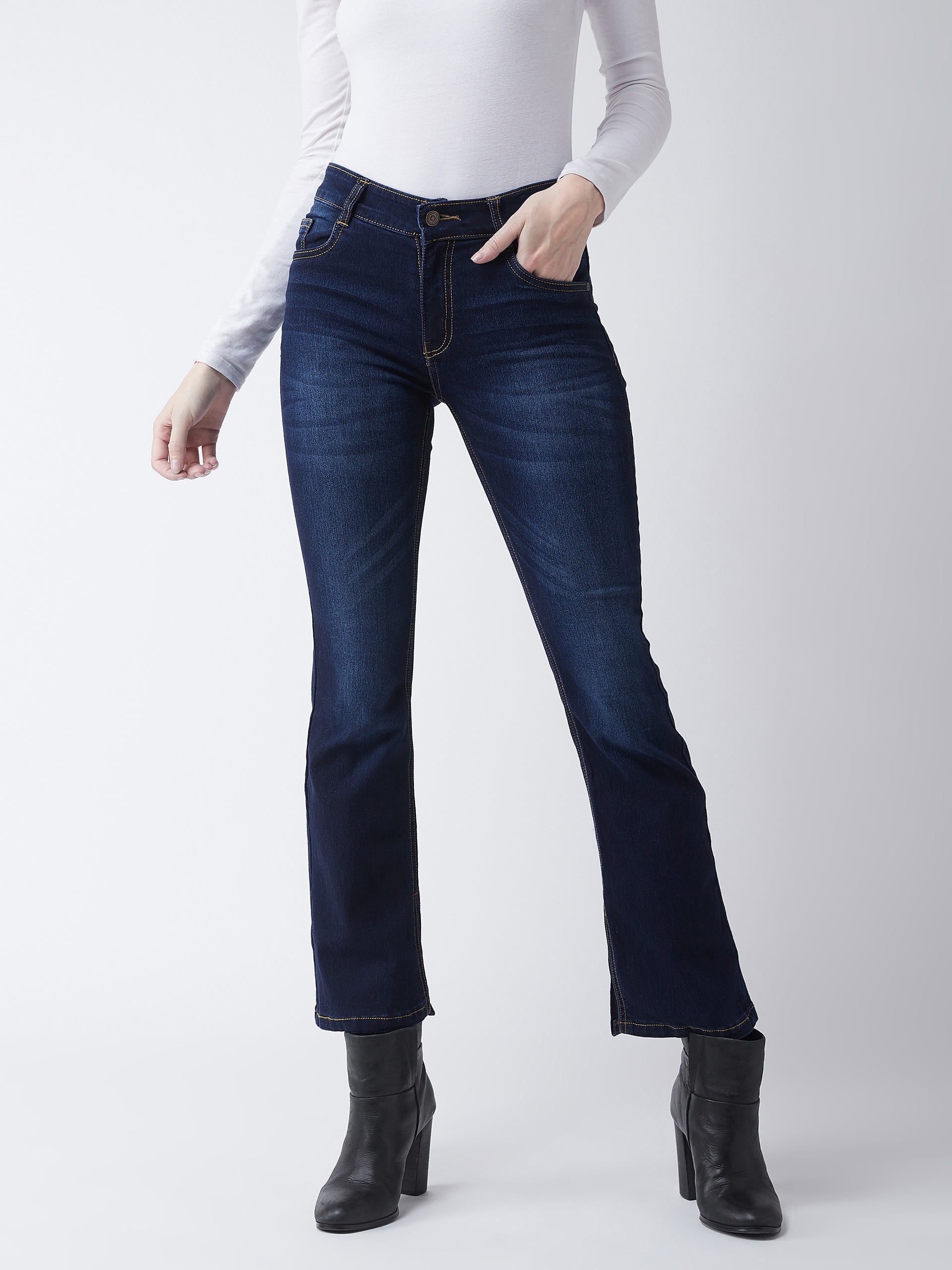 24/7 Comfort Women's Timeless Blue Bell Bottom Bootcut Hourglass Mid Rise Regular Length Slit Denim Stretchable Jeans