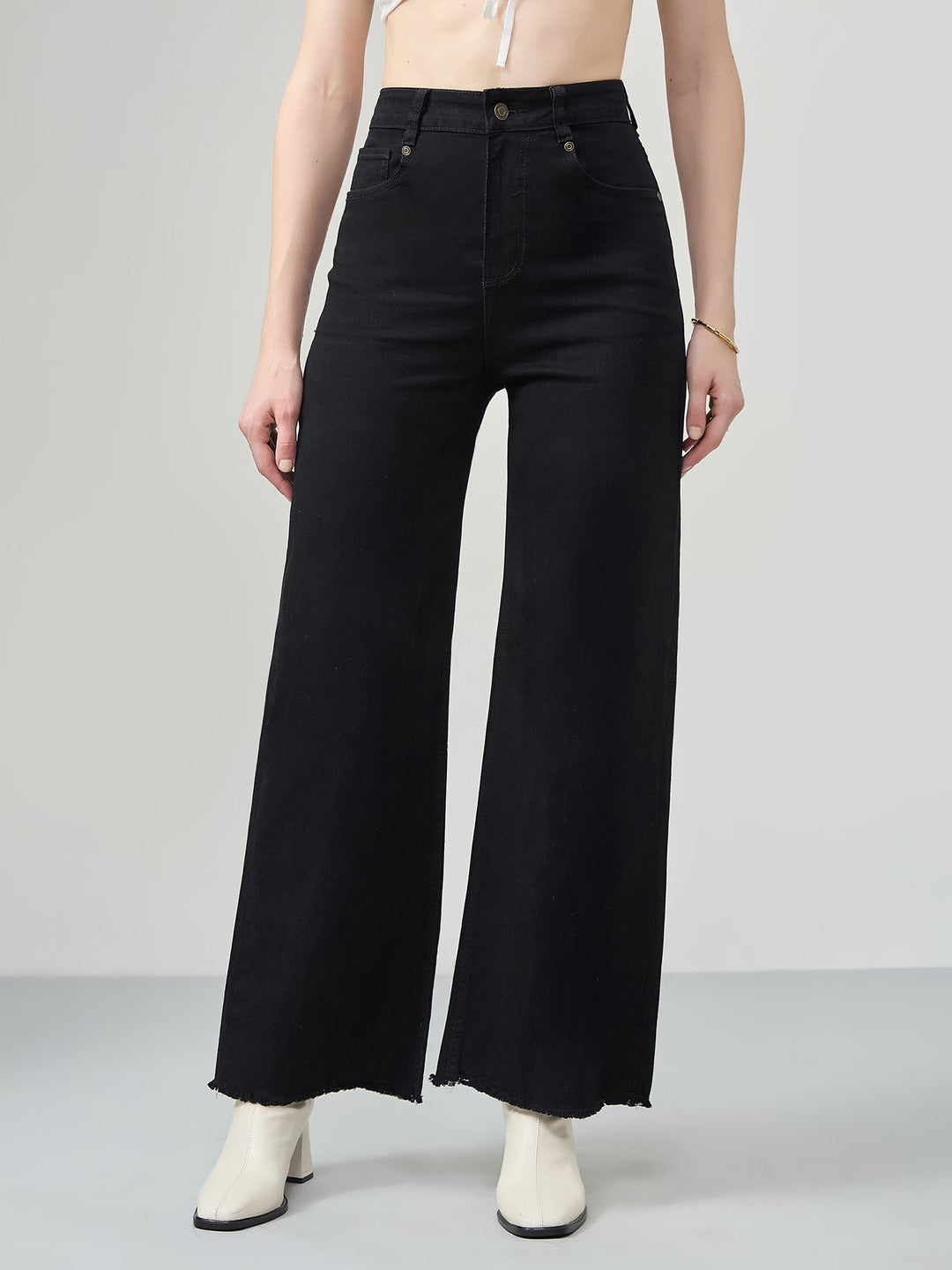 Black high-rise Stretchable Wide Leg Denim Jeans for Women
