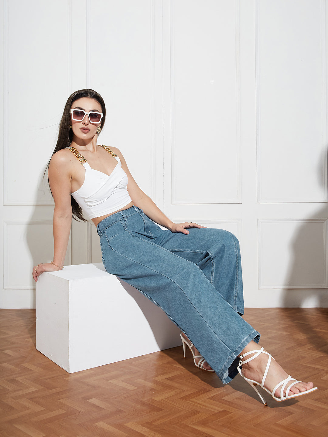 Women's Blue Wide-Leg High-Rise Clean-Look Regular-Length Denim Jeans
