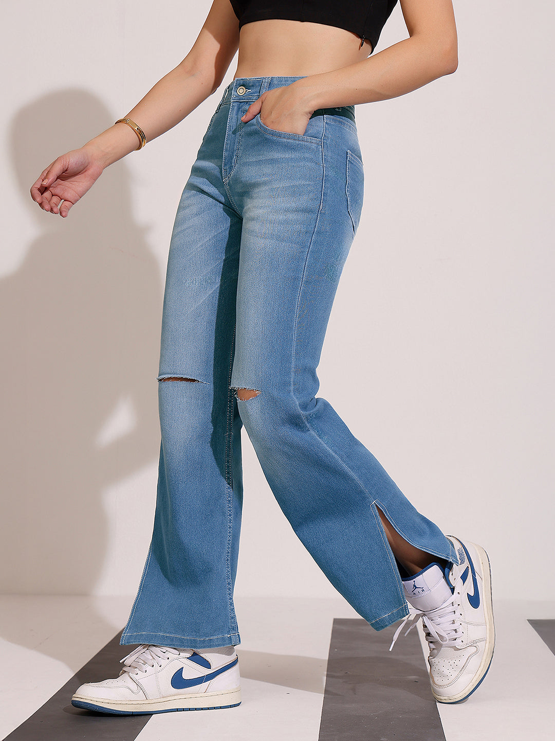 Women's Blue Wide-Leg Relaxed Mid Rise Regular Length Denim Stretchable Jeans