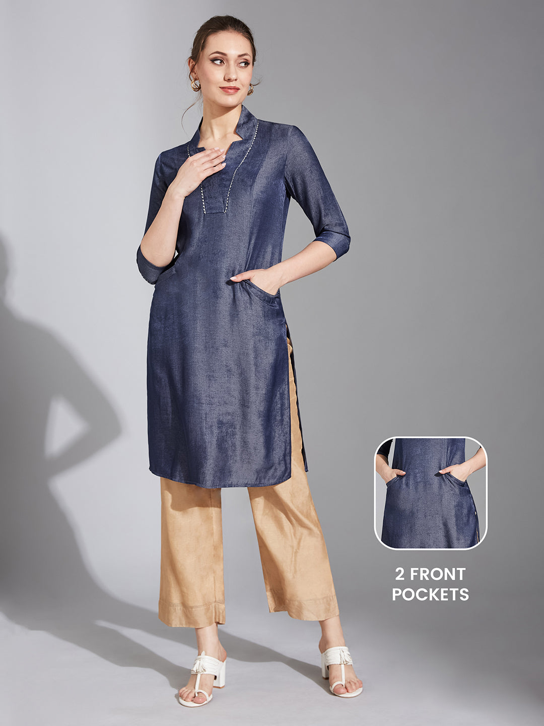 Women's Blue Stand Collar Three-Quarter Sleeve Solid Back Pleated Knee-Long Polyester Kurta