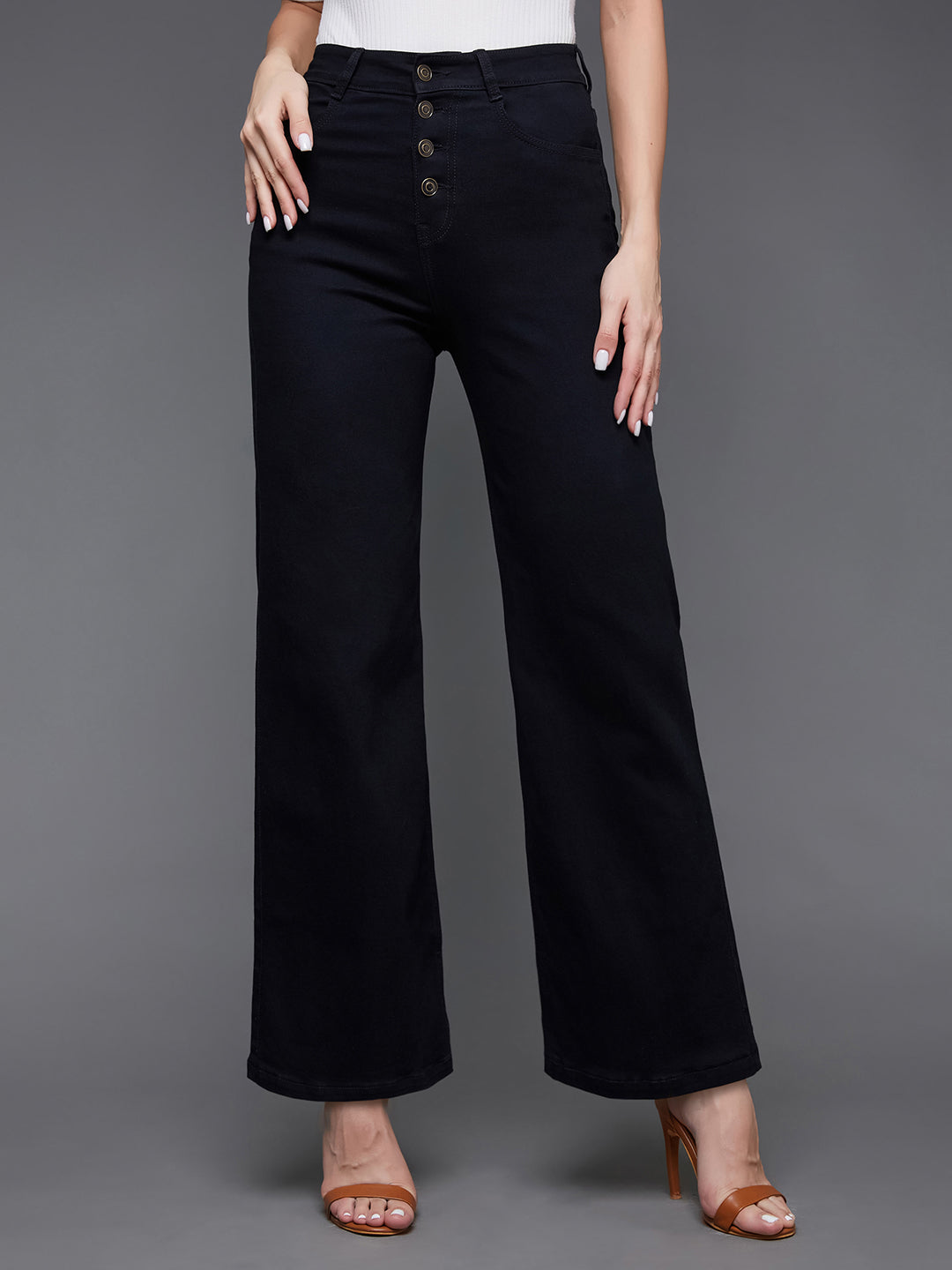 24/7 Comfort Women's Black Wide Leg High Rise Clean Look Regular Stretchable Denim Jeans