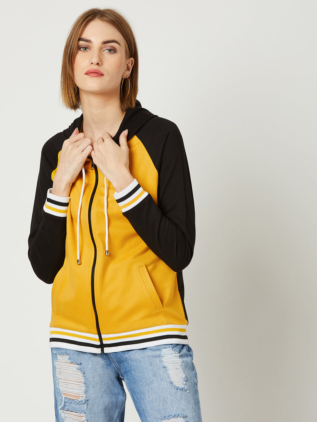 Women's Multicolored- Base- Mustard Yellow Hooded Full Sleeves Loop knit, Rib Solid Color-Block/Raglan Regular Length Jacket