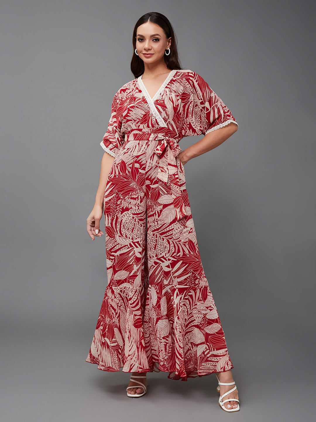 Women's Multicolored-Base-Maroon V-Neck Half Sleeve Floral Kimono Regular-Length Chiffon Jumpsuit