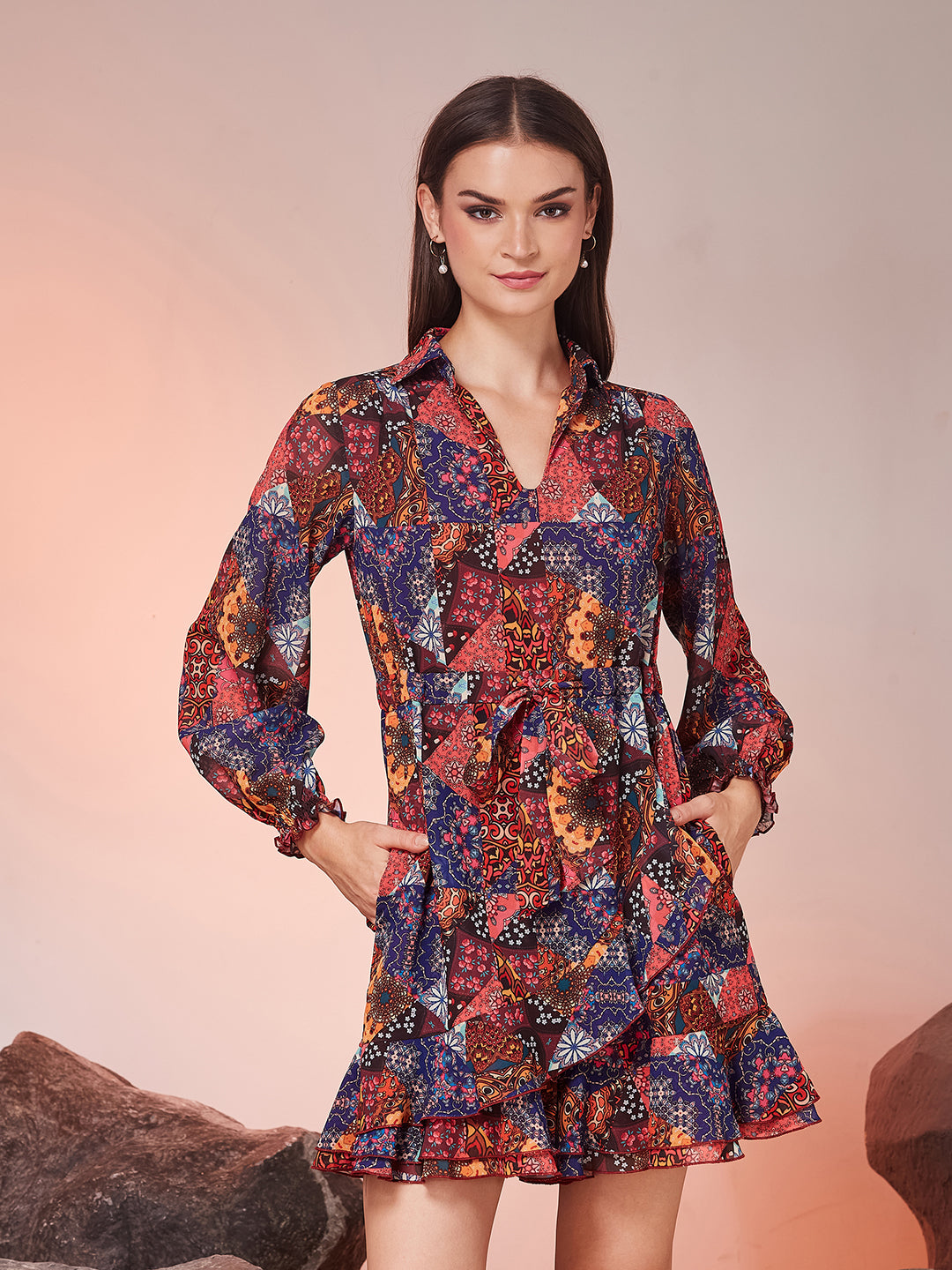 Multicoloured Shirt Collar Bishop Sleeve Printed Bohemian Short Georgette Playsuit for Women