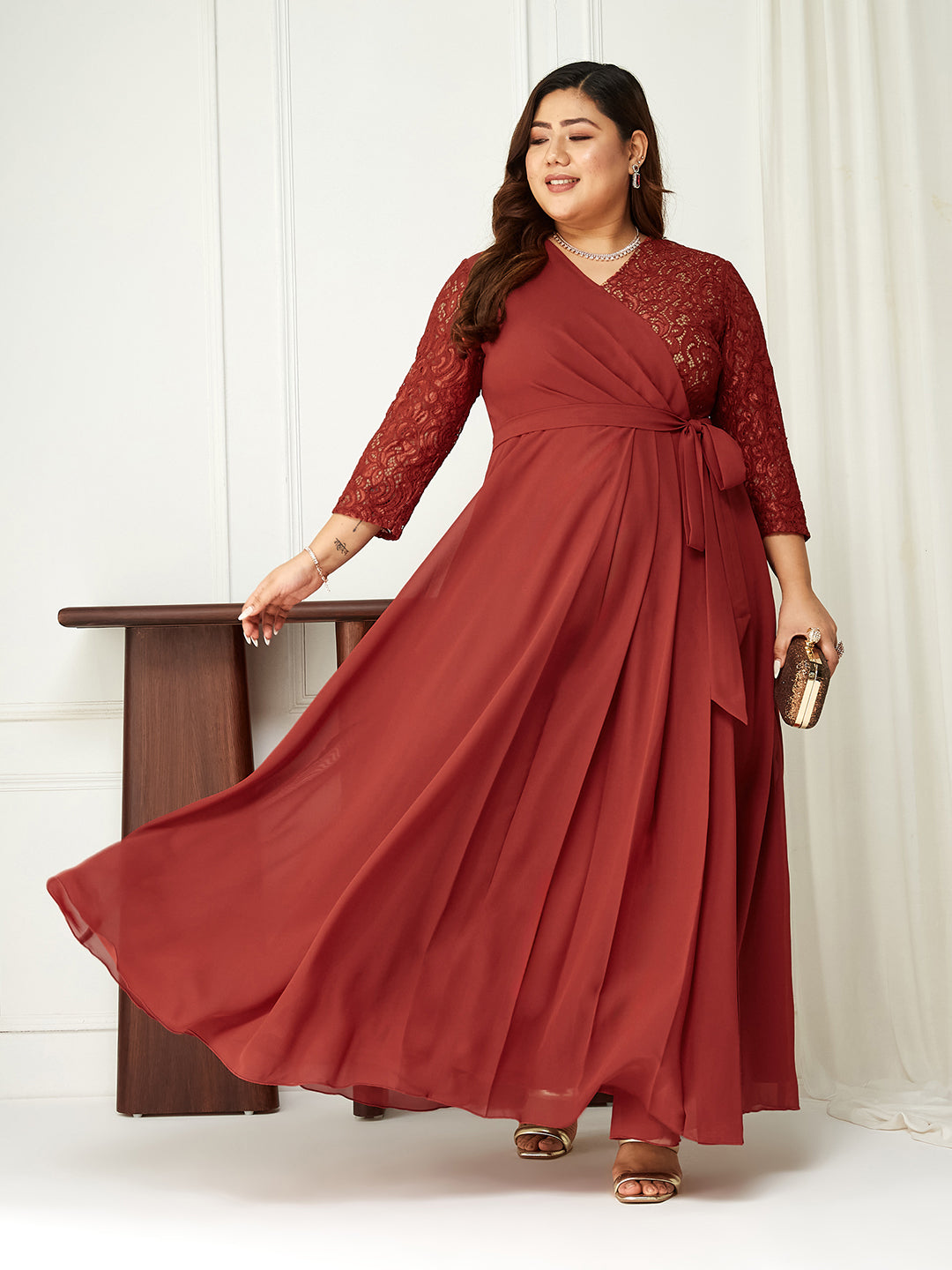 Women's Brick Red V-Neck 3/4 Sleeve Self-Designed Wrap Styled Georgette Maxi Dress