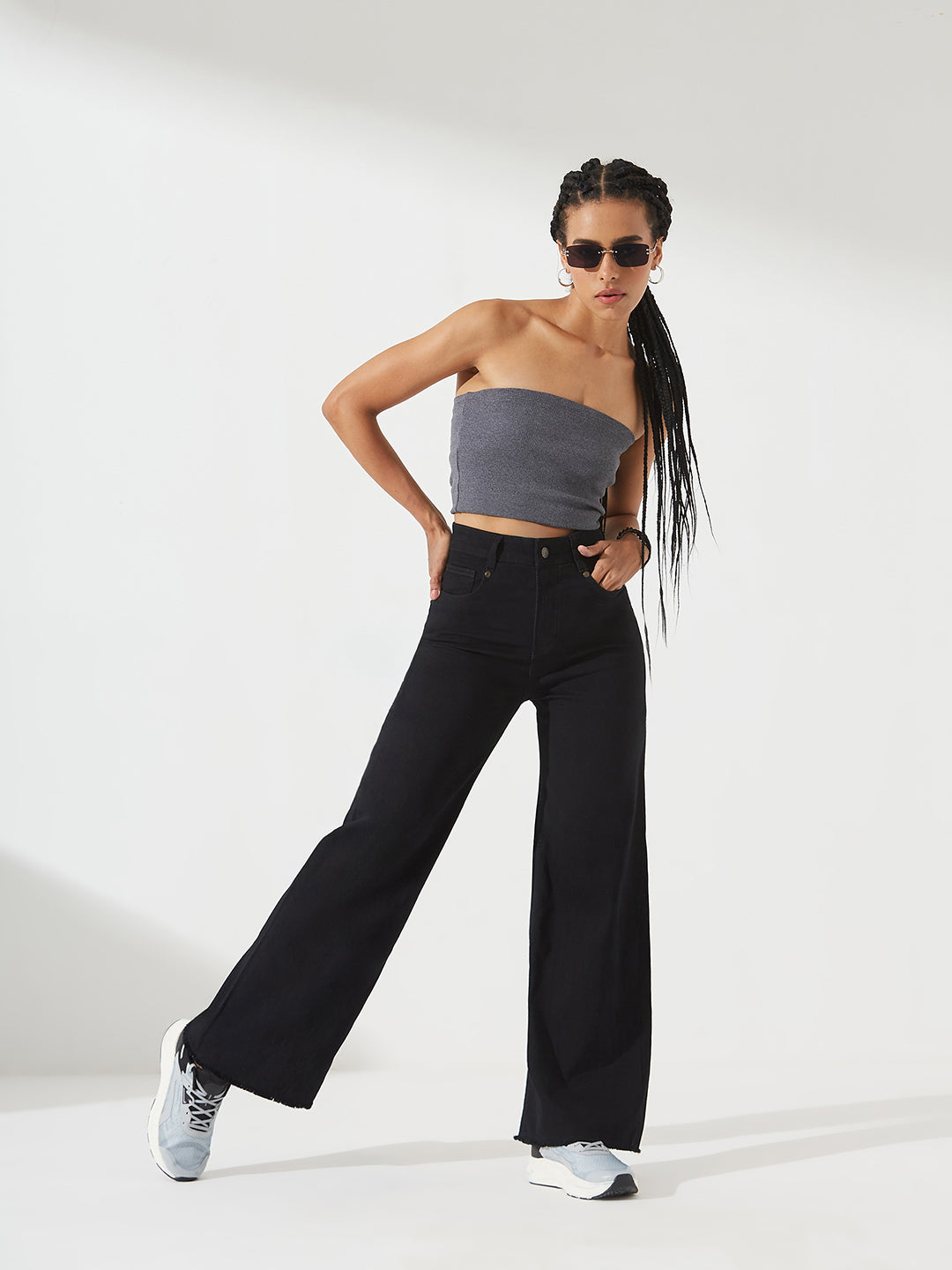 Black High-Rise Regular-Length Stretchable Wide-Leg Denim Jeans for Women