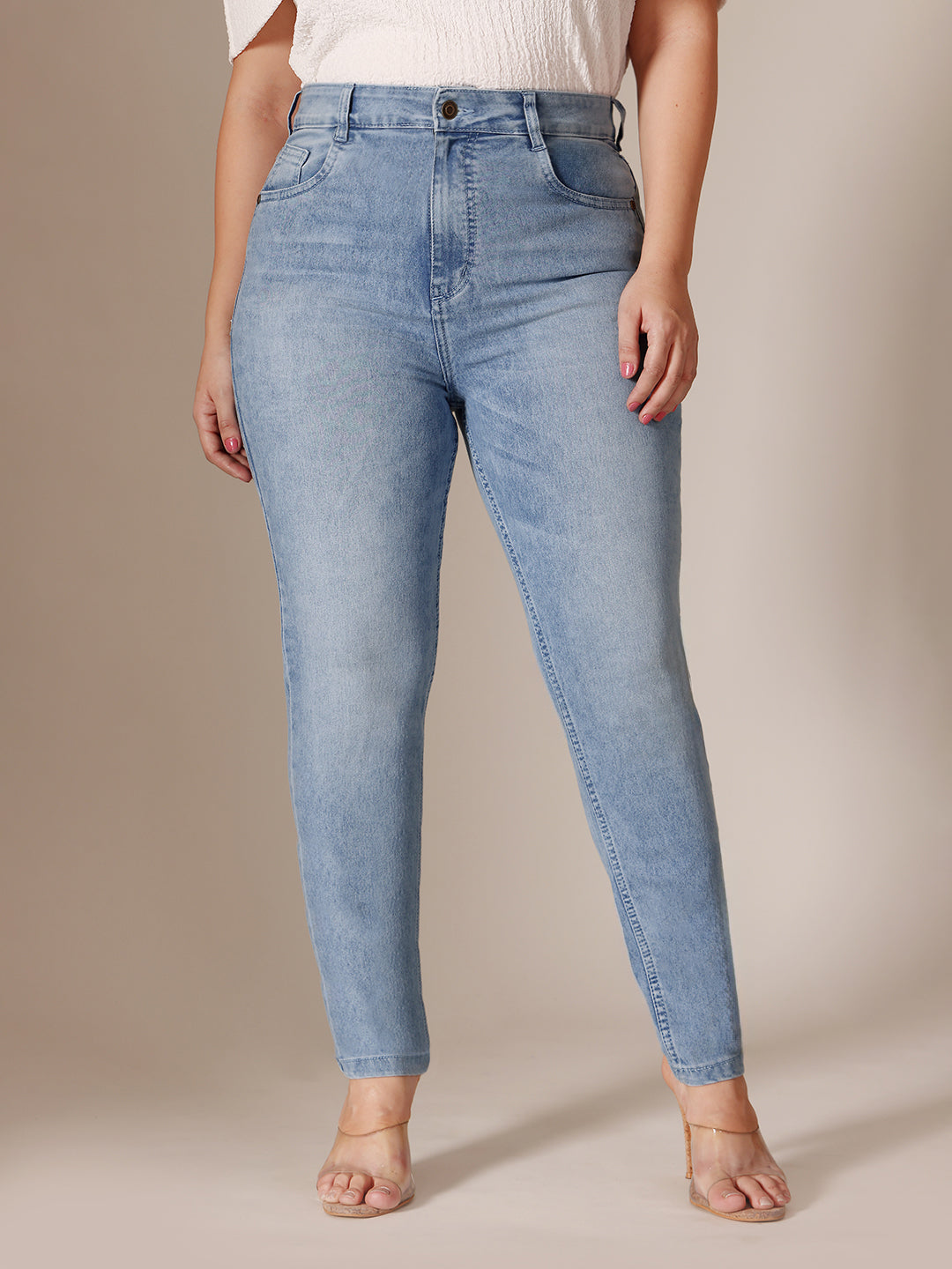 24/7 Comfort Light Blue Slim Fit High Rise Regular Length Light Wash Denim Stretchable Jeans for Women