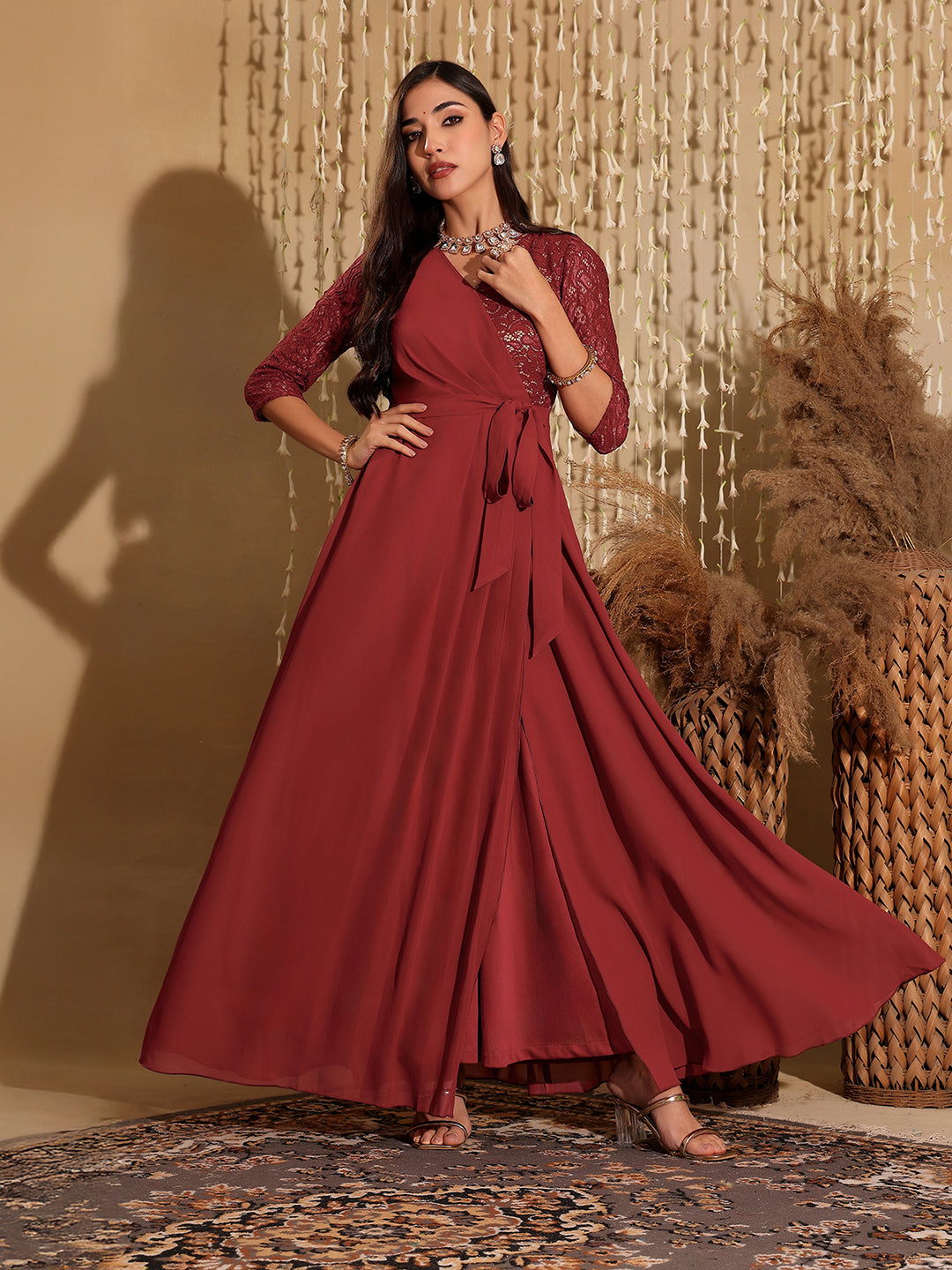 Women's Brick Red V-Neck 3/4 Sleeve Self-Designed Wrap Styled Georgette Maxi Dress
