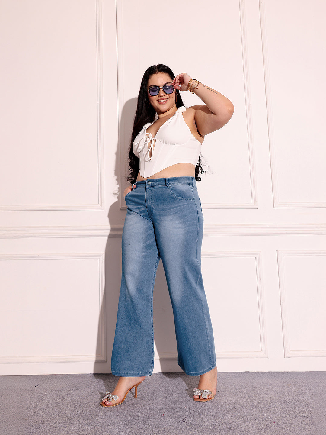 24/7 Comfort Light-Blue Wide-Leg Mid-Rise Blast Effect Denim Jeans for Women