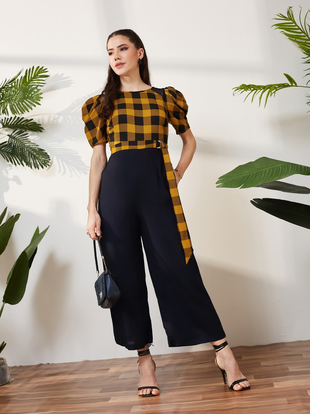 Black & Mustard Round Neck Cowl Sleeve Checkered Wide-leg Viscose-Rayon Regular Length Jumpsuit for Women