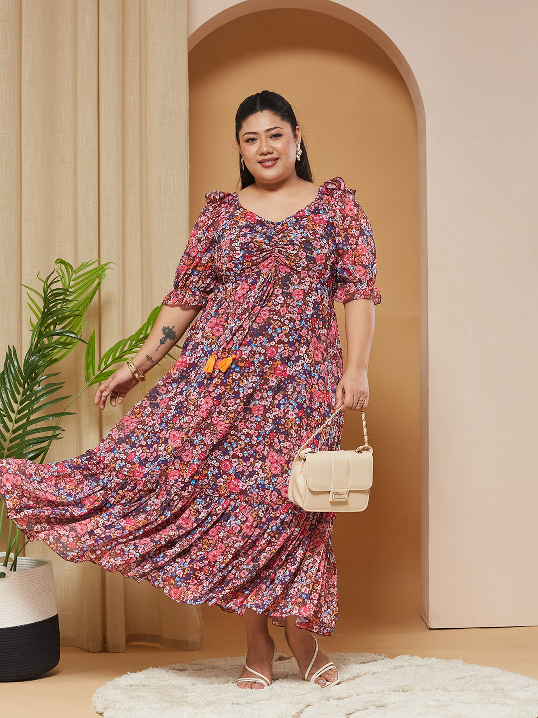 Multicolored-Base-Wine V-Neck Puff-Sleeves Floral Ruching Ankle-Length Dress for Women