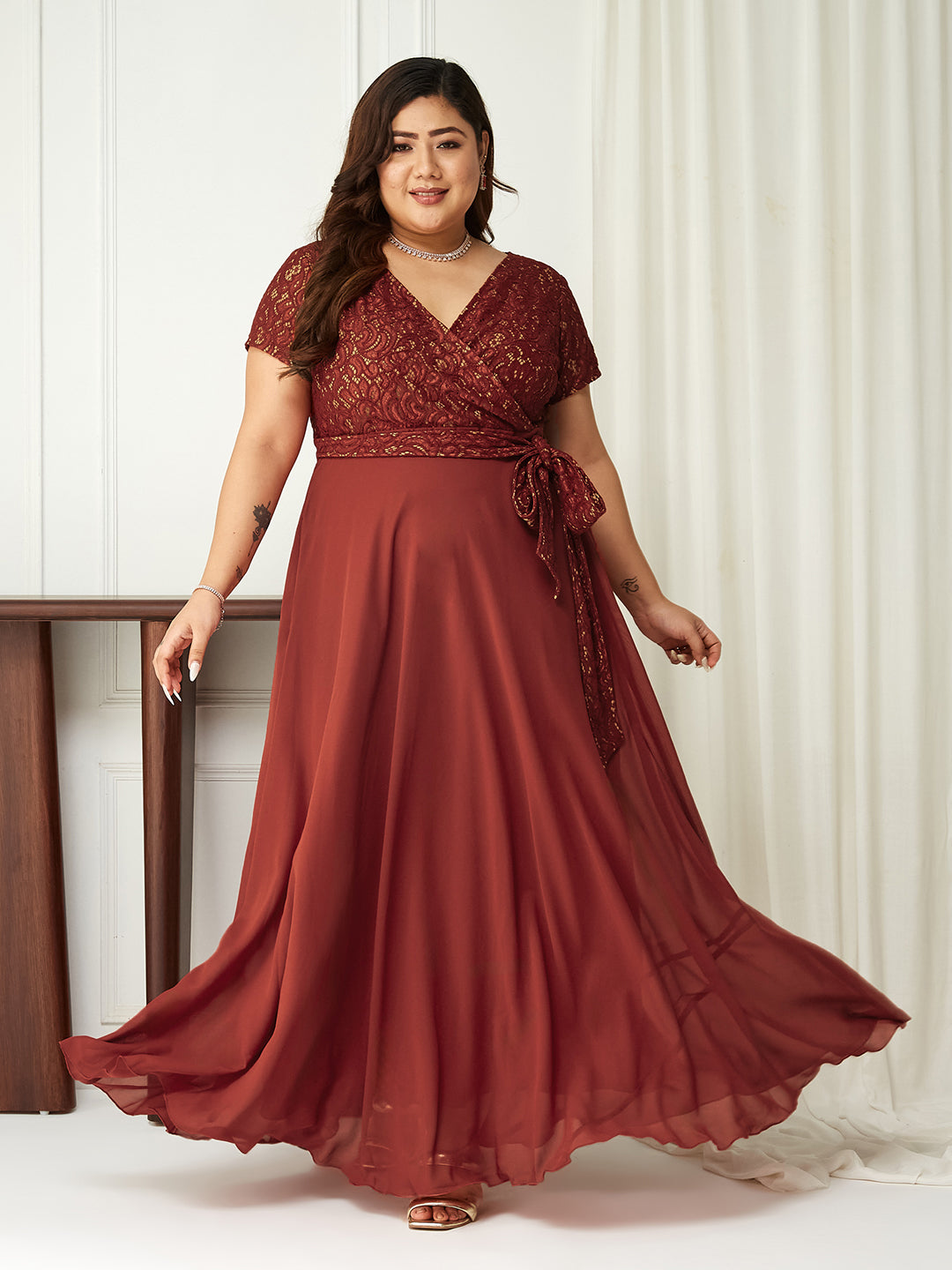 Women's Brick Red V-Neck Short Sleeve Self-Designed Lace Overlaid Georgette Maxi Dress