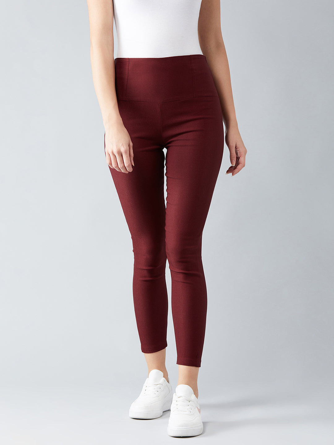 Women's Maroon Solid Skinny High Waist Regular Length Slim Fit Treggings