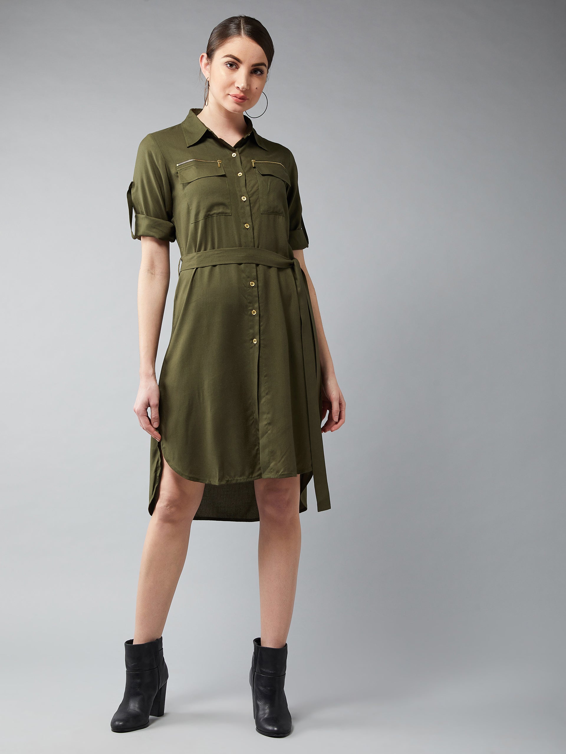 Women's Olive Green Collared Three Quarter Sleeved Solid Knee-Length Shirt Dress