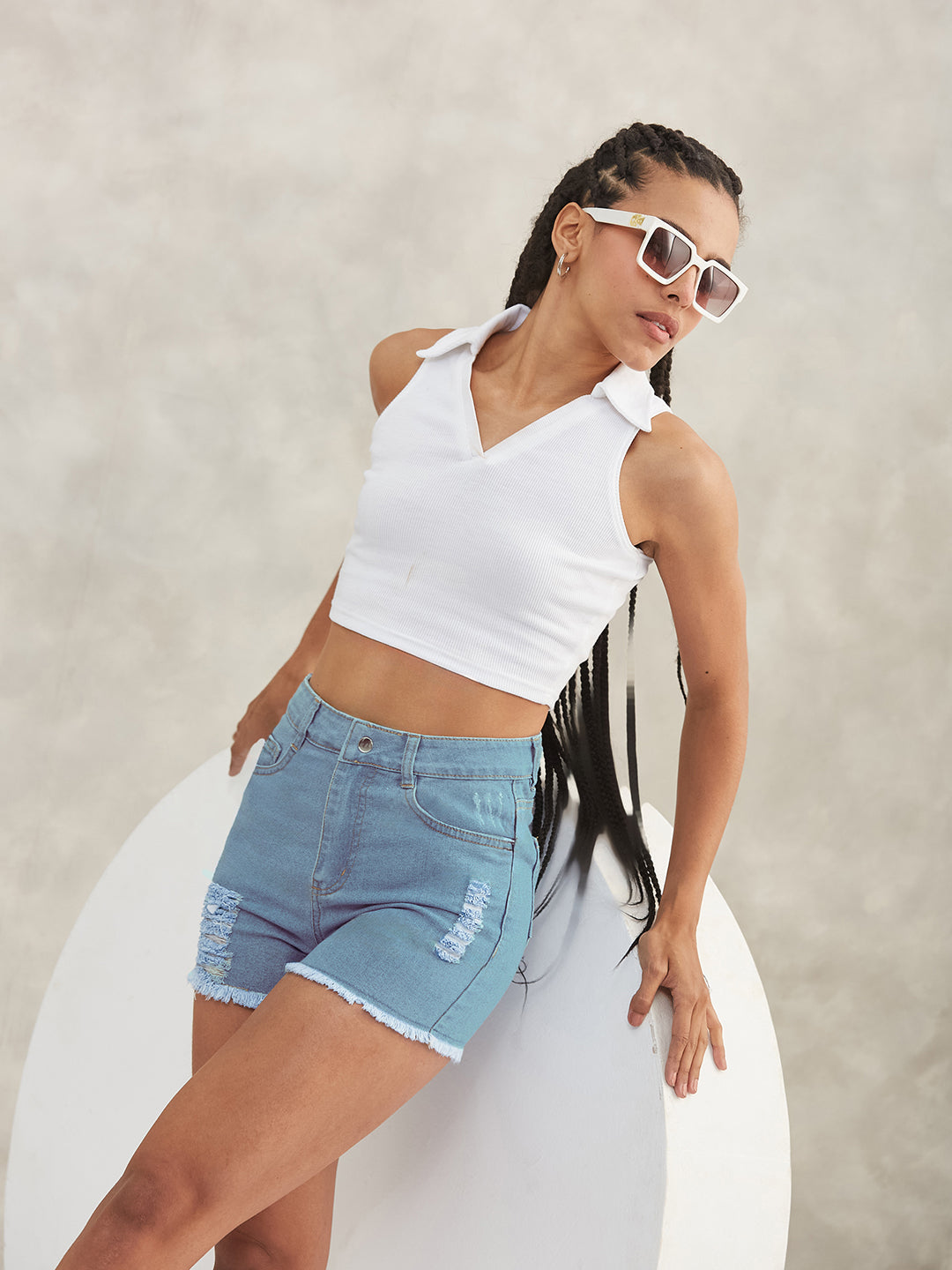 Women's Blue Relaxed-Fit High-Distress Mid-Rise Ripped Denim Shorts