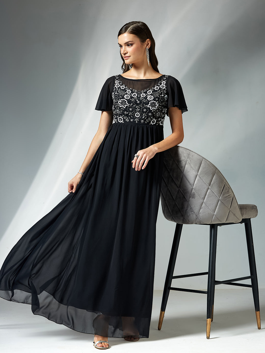 Women's Black Embellished Gathered Maxi Dress